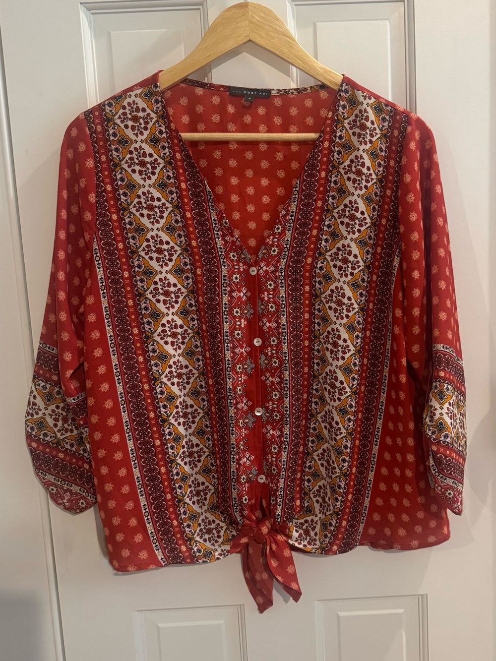 West Kei Red Printed Tie-Front Boho Blouse